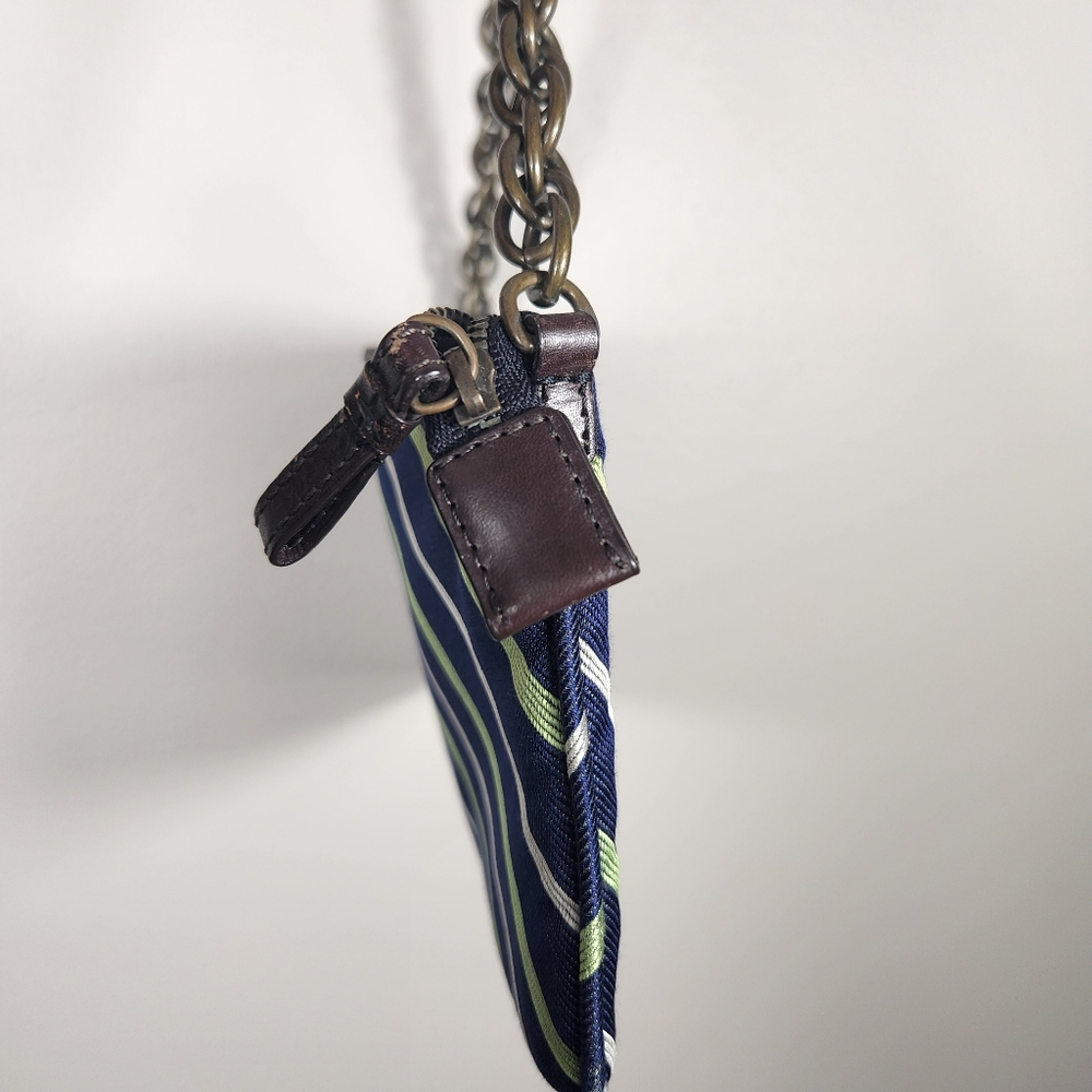 J. Crew 100% Silk Shoulder Bag Blue With Green And White Stripe Purse - Picture 4 of 8